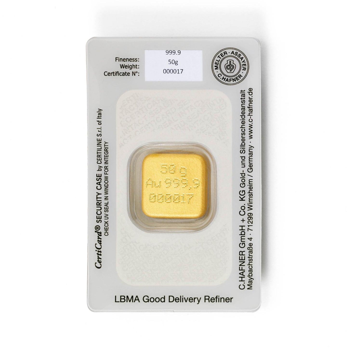 Gegossener Goldbarren 50g - C.Hafner