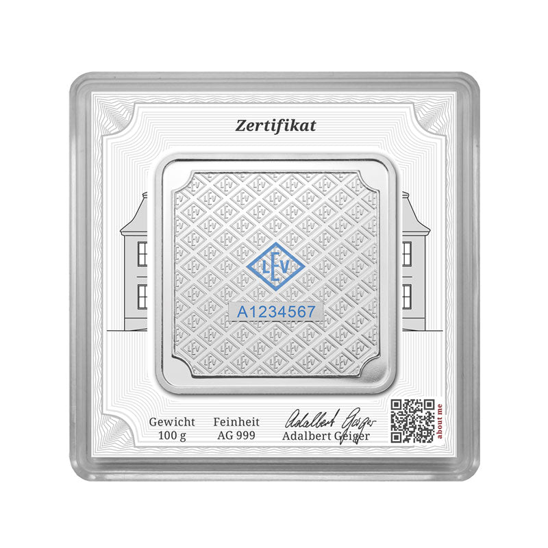 Geprägter Silberbarren 100 g – Geiger Original (.999)