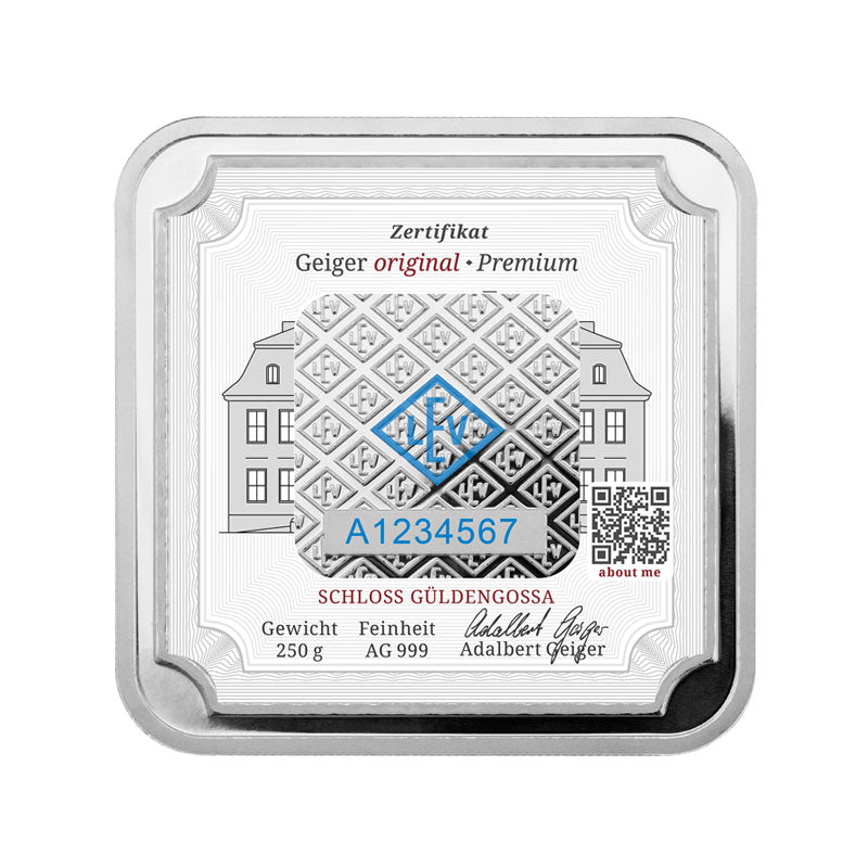 Geprägter Silberbarren 250 g – Geiger Original (.999)