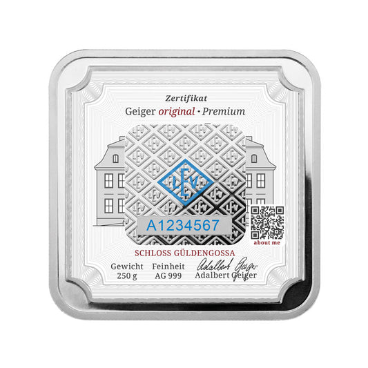 Geprägter Silberbarren 250 g – Geiger Original (.999)