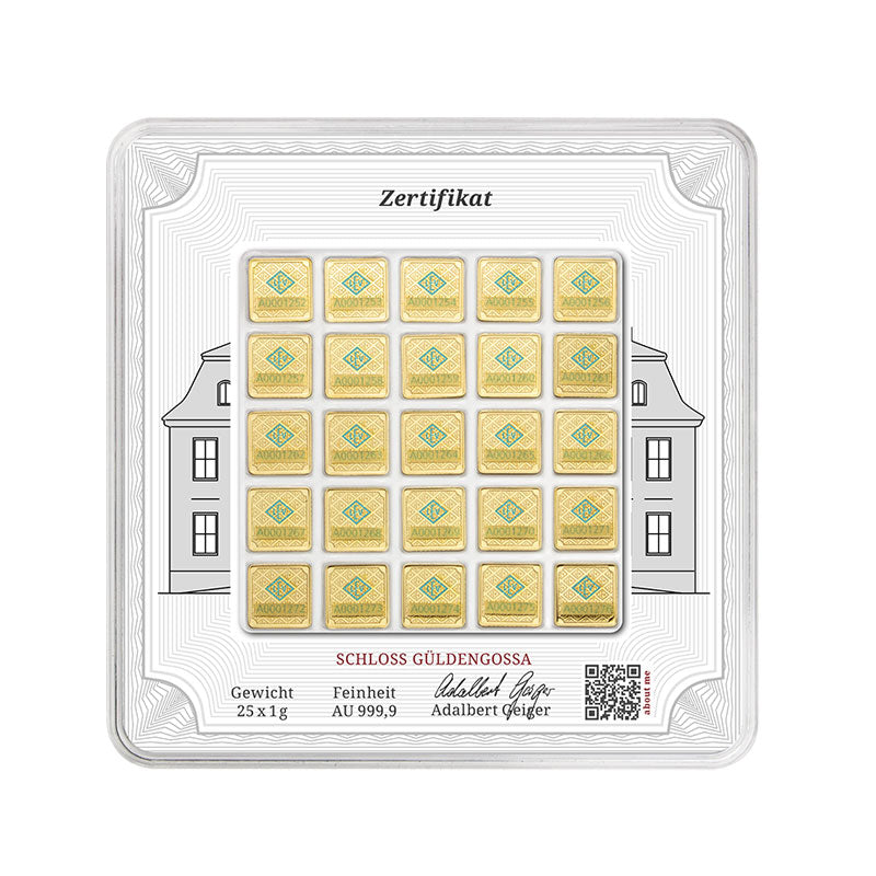 Goldbarren Geiger Original – Multicard 25 × 1 g (.9999) quadratisch