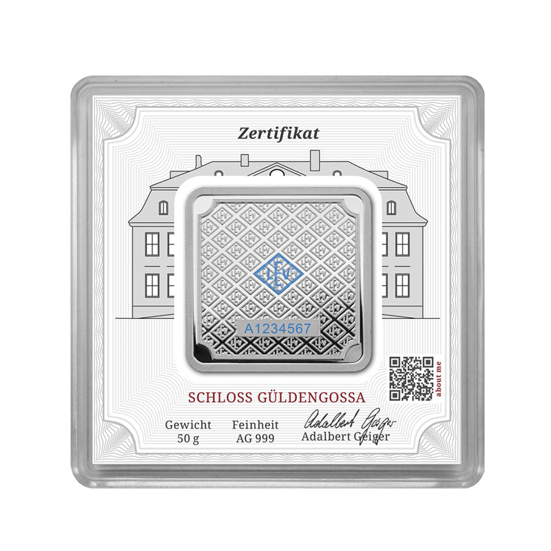 Geprägter Silberbarren 50 g – Geiger Original (.999)