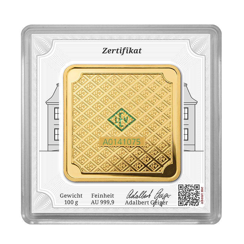 Geprägter Goldbarren 100 g – Geiger Original (.9999)