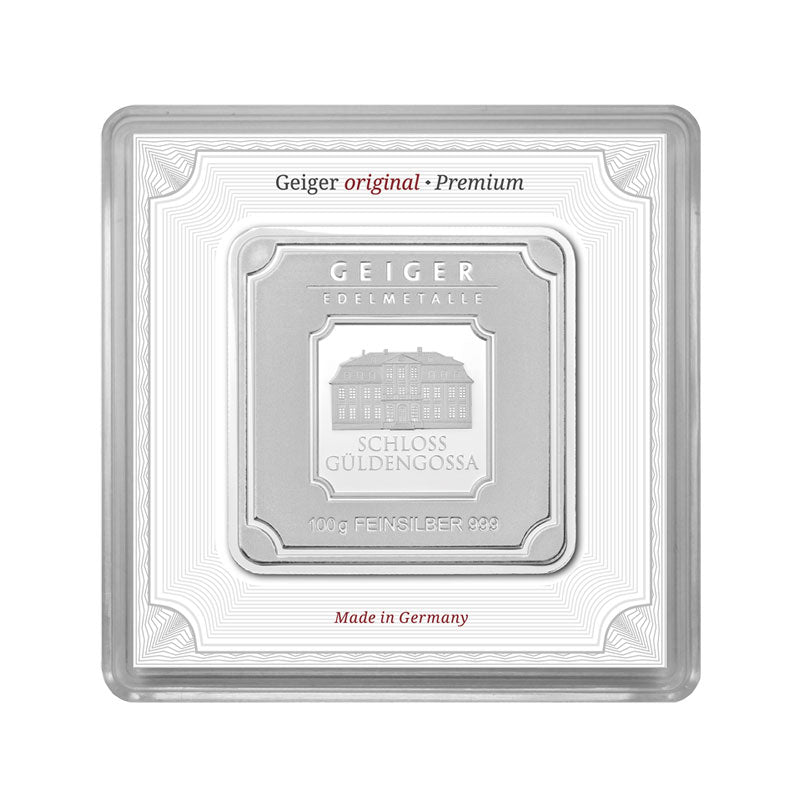 Geprägter Silberbarren 100 g – Geiger Original (.999)