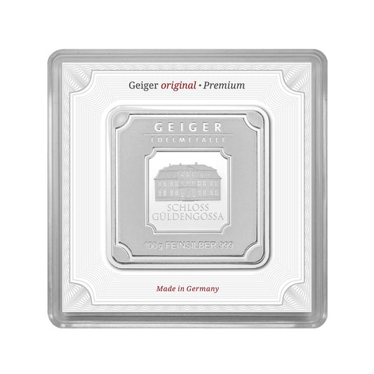 Geprägter Silberbarren 100 g – Geiger Original (.999)