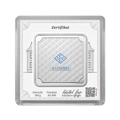 Geprägter Silberbarren 100 g – Geiger Original (.999)
