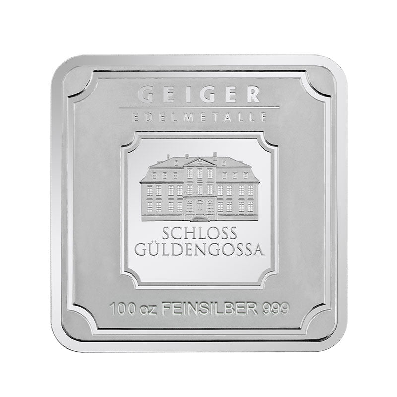 Geprägter Silberbarren Quadratform 100 oz – Geiger Original (.999)