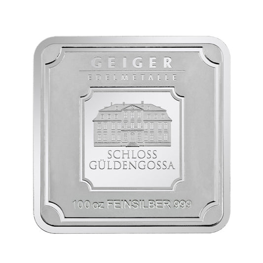 Geprägter Silberbarren Quadratform 100 oz – Geiger Original (.999)