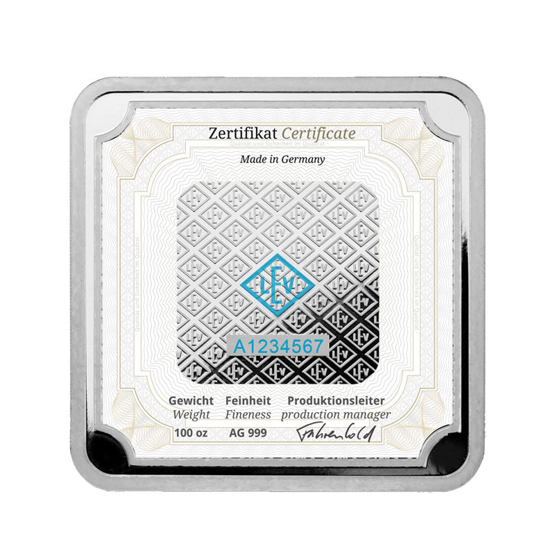 Geprägter Silberbarren Quadratform 100 oz – Geiger Original (.999)