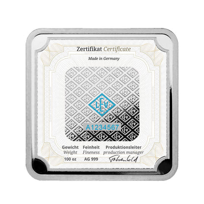 Geprägter Silberbarren Quadratform 100 oz – Geiger Original (.999)
