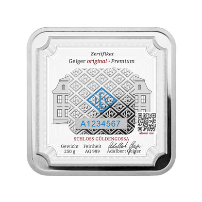 Geprägter Silberbarren 250 g – Geiger Original (.999)