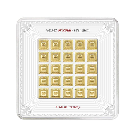 Goldbarren Geiger Original – Multicard 25 × 1 g (.9999) quadratisch