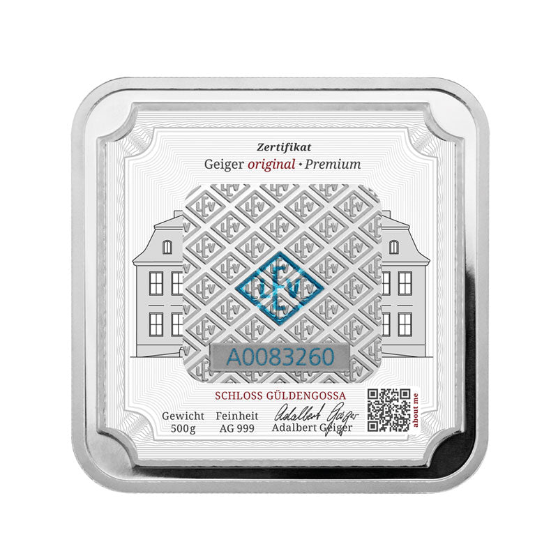 Geprägter Silberbarren 500 g – Geiger Original (.999)