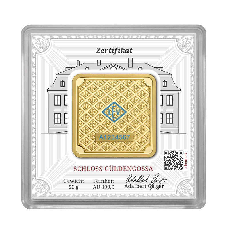 Geprägter Goldbarren 50 g – Geiger Original (.9999)