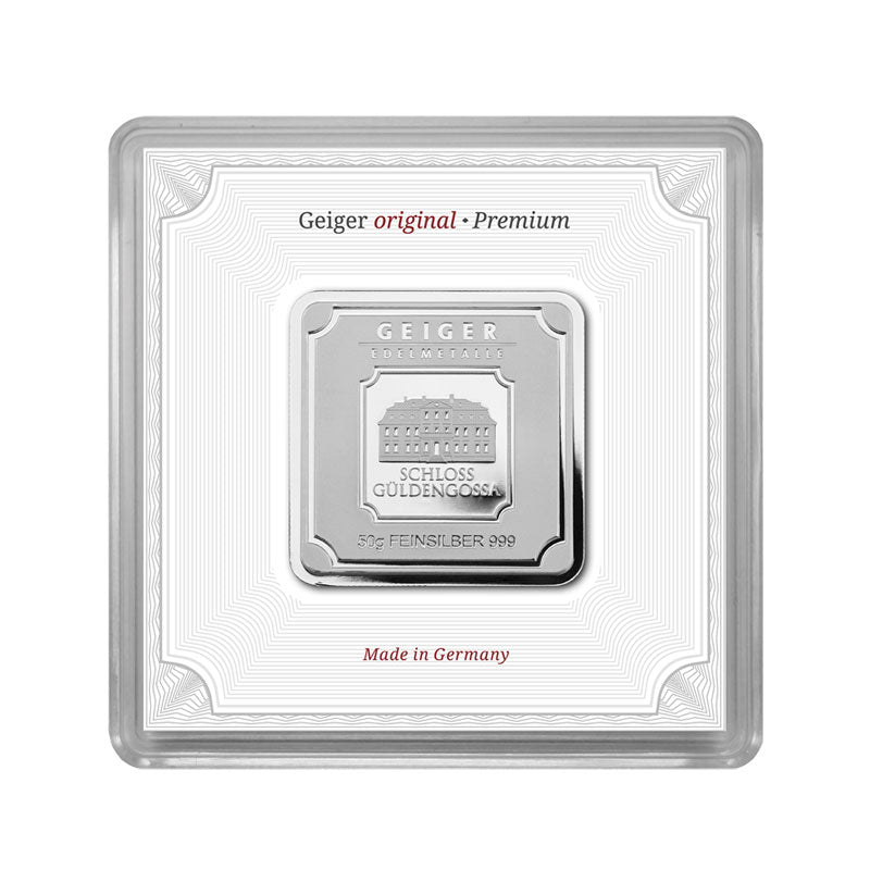 Geprägter Silberbarren 50 g – Geiger Original (.999)