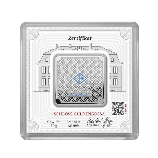 Geprägter Silberbarren 50 g – Geiger Original (.999)