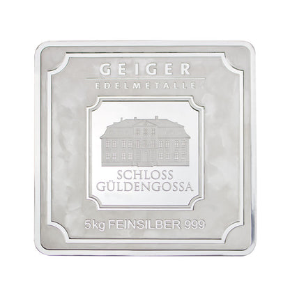 Geprägter Silberbarren Quadratform 5 kg – Geiger Original (.999)