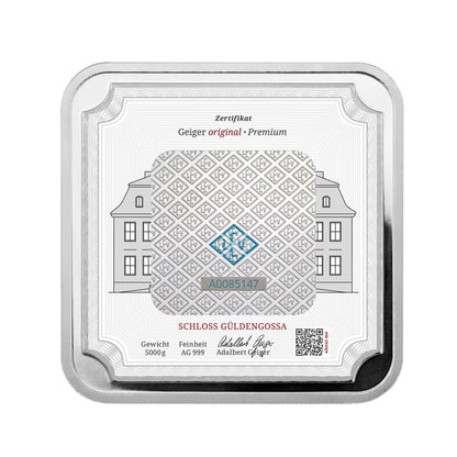 Geprägter Silberbarren Quadratform 5 kg – Geiger Original (.999)