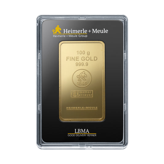 Geprägter Goldbarren 100g - Heimerle + Meule